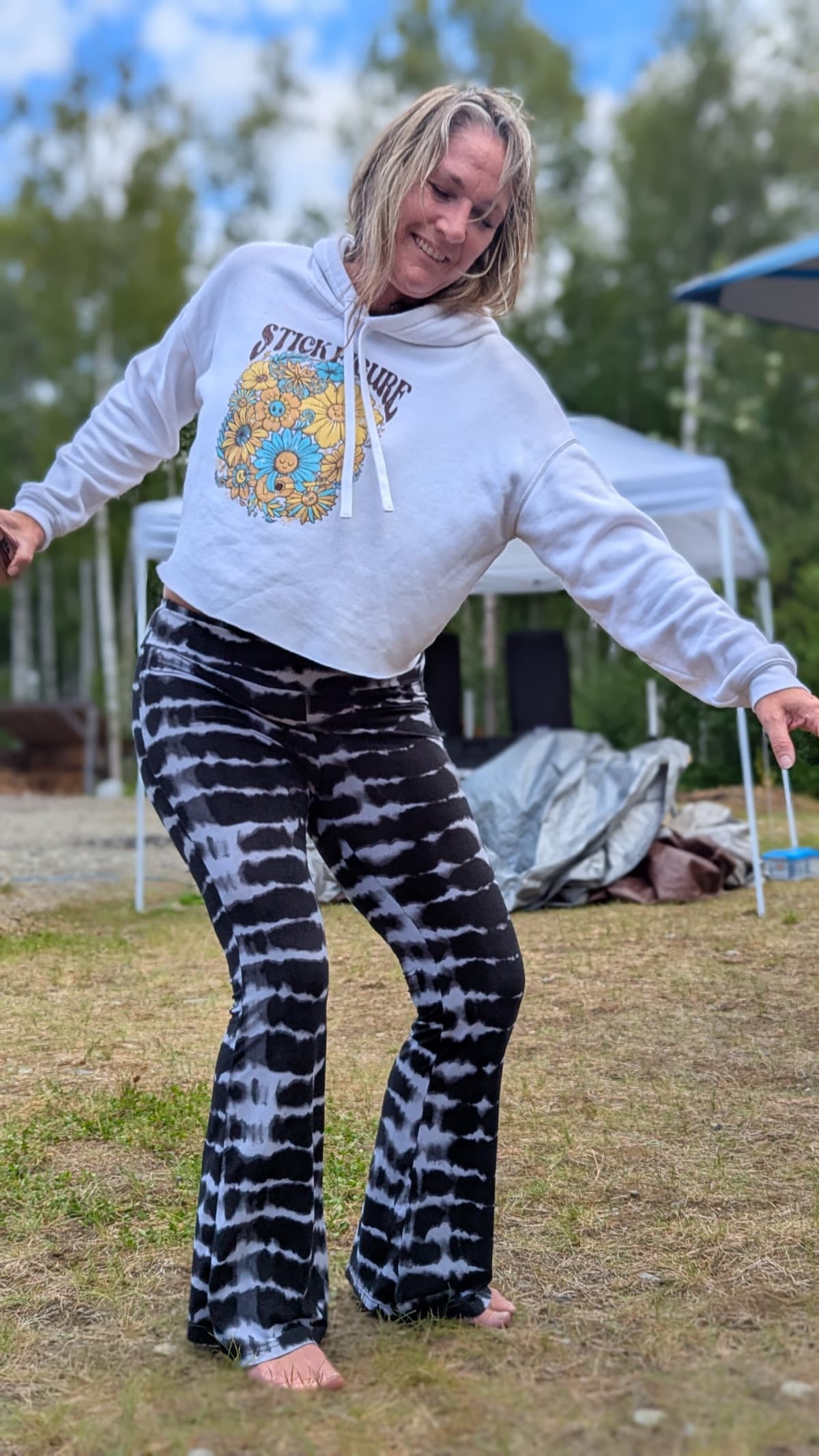 Woman dancing barefoot