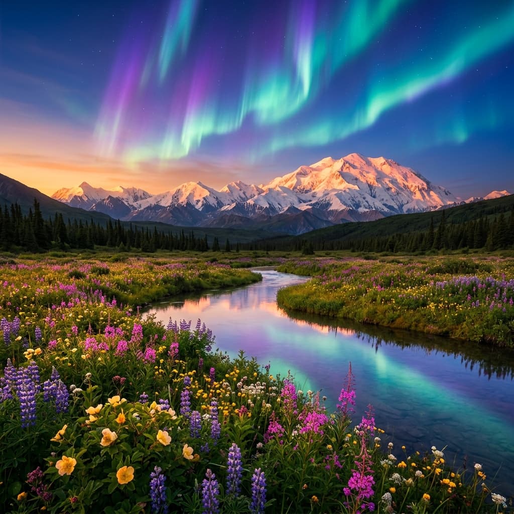 Alaska wilderness under the aurora
